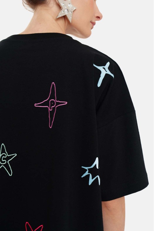 Woman Short Sleeve T-Shirt with embroidery and silk print - Stars