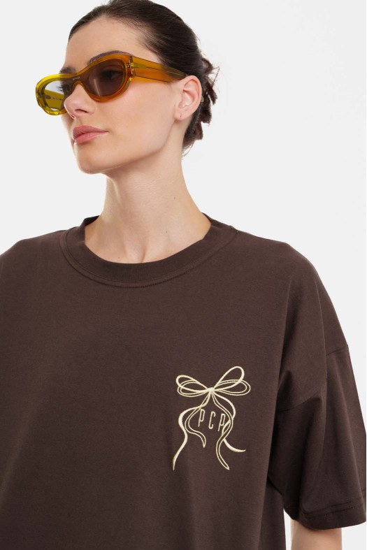 Woman Short Sleeve T-Shirt with embroidery and silk print - Bows Woman Short Sleeve T-Shirt with embroidery and silk print - Bows