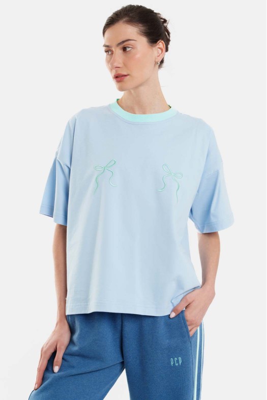 Woman Short Sleeve T-Shirt with embroidery and silk print - Bows Woman Short Sleeve T-Shirt with embroidery and silk print - Bows
